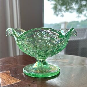 Vintage iridescent Sea Green Fenton Compote Bowl